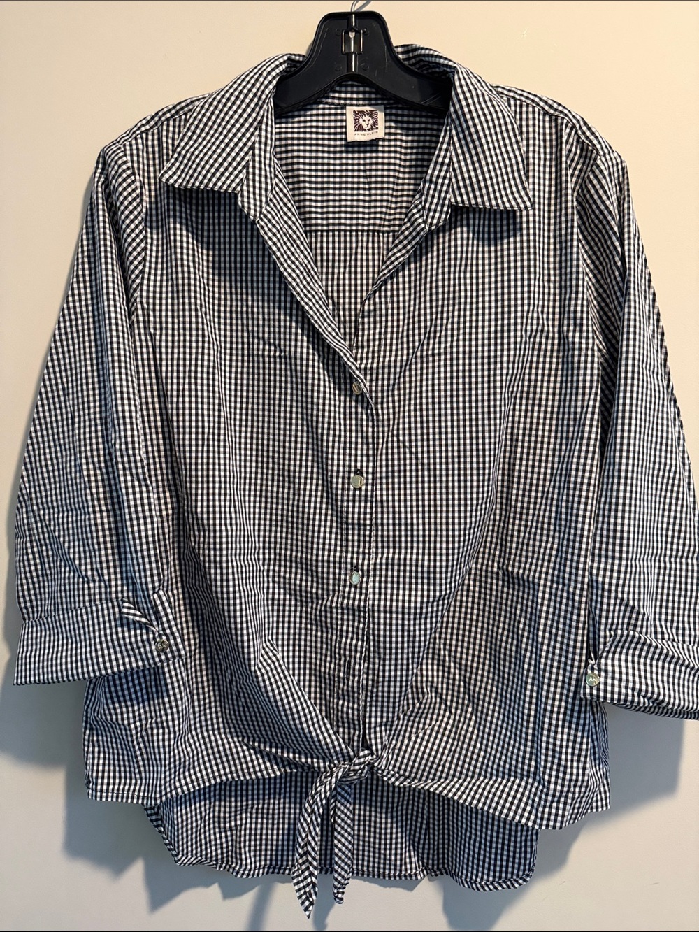 Anne Klein Black & White Gingham Tie-Hem Button Down Shirt